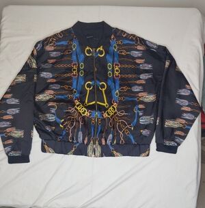 Zara Women's Black and Blue Bomber Jacket with Chain Design Sz XL